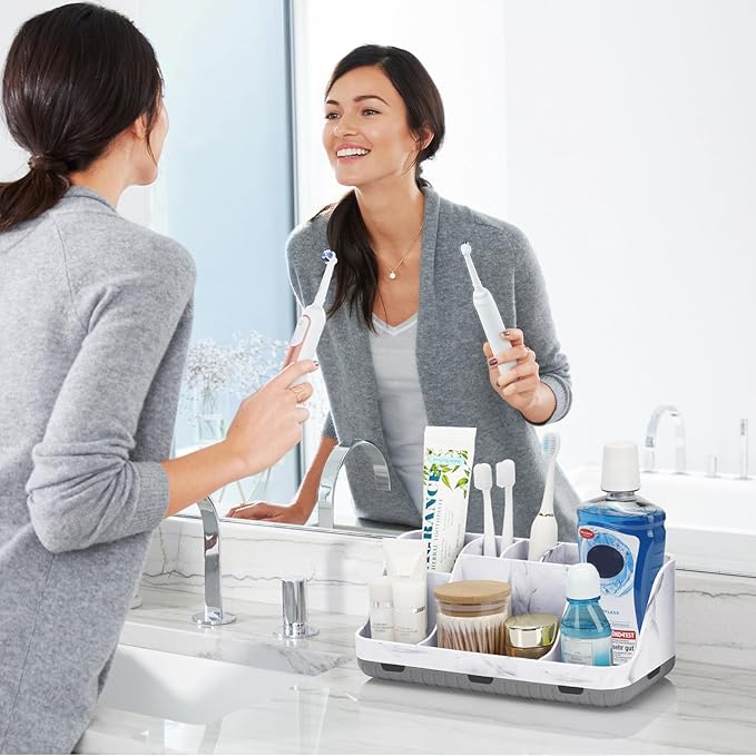 GFWARE Marble Bathroom Countertop Organizer - Detachable 7 Slots Kids Electric Toothbrush and Toothpaste Holde Drainage for B