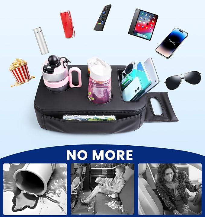 Back Seat Cup Holder for Car, PU Leather Couch Sofa Bed Boat Cup Holder Tray, Organizer for Trucks, Minivans, SUVs, RVs, Vehicles, Holds Drinks, Remote, Snacks, with Side Pockets