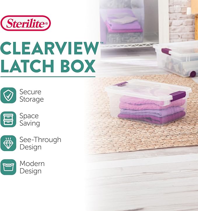 Sterilite 48-Pack 15 Quart ClearView Latch Box, Stackable Organizer Bins with Latching Lids - Clear Plastic Organization Cont