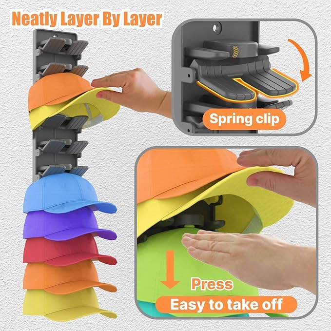 Hat Organizer for Baseball Caps 2 Packs with Built-in Spring Clips - Wall Mount Closet Hat Rack Holder,Storage for Door/Close