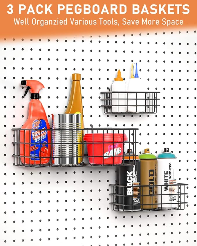 INCLY 1/4“ Extra Thick Pegboard Accessories Kit, 100PCS Heavy Duty Metal Peg Board Hook Assortment with 3 Sizes Basket S/M/L 
