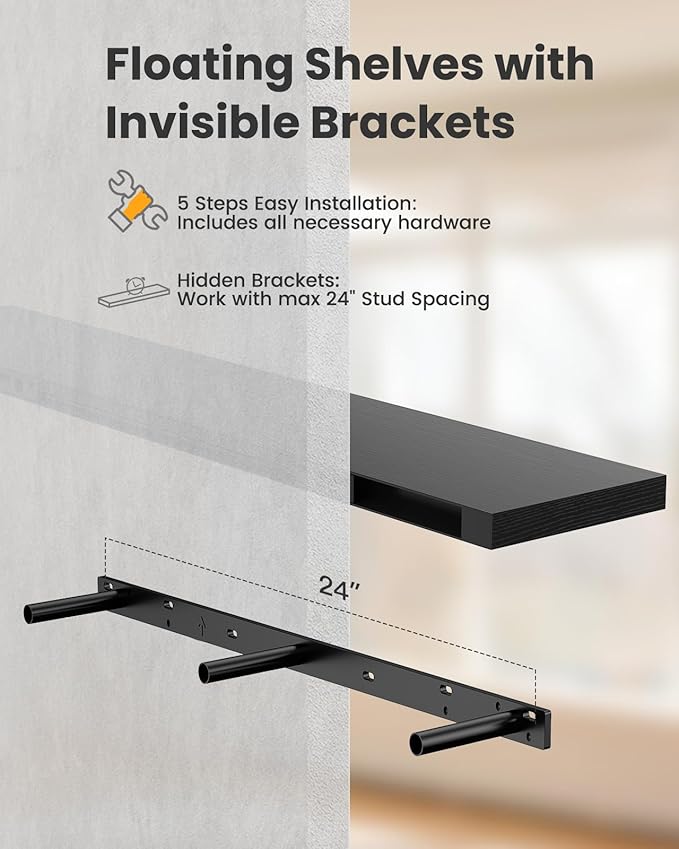 AMADA HOMEFURNISHING 47.2" L Floating Shelves, Wall Shelves Set of 3 for Bathroom/Living Room/Bedroom/Kitchen, Black Floating