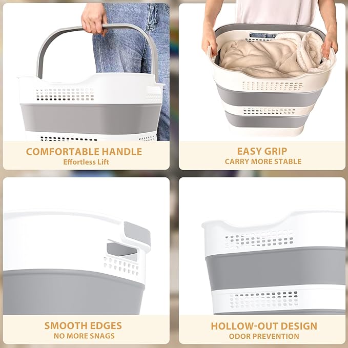 OOAMBB 43L+43L Collapsible Laundry Baskets plastic, Pop Up Laundry hamper/Storage Container, Foldable Laundry Basket with Han