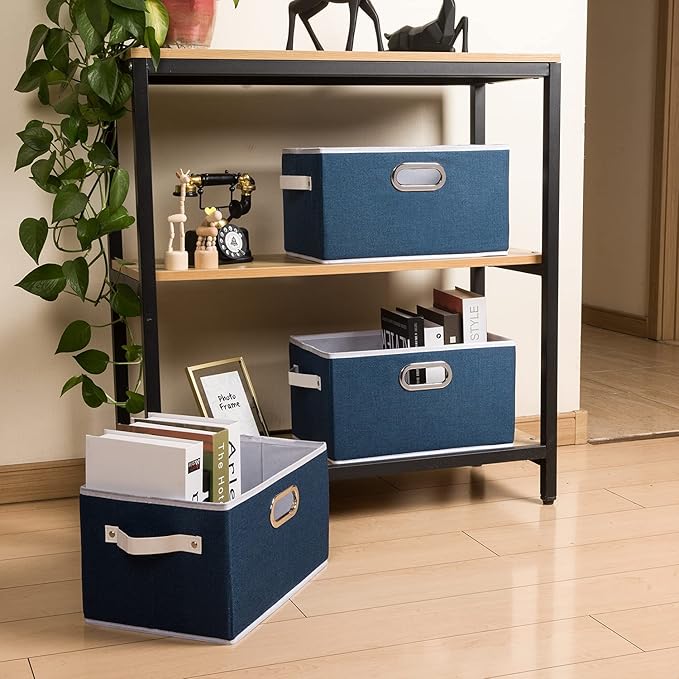 PRANDOM Large Collapsible Storage Baskets for Closet [5-pack] Decorative Fabric Storage Bins Cubes with Leather/Metal Handles