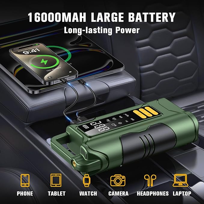 Jump Starter with Air Compressor,5000A Car Battery Jumper Starter, 16000mAh Battery Jumper Starter Portable for 10L