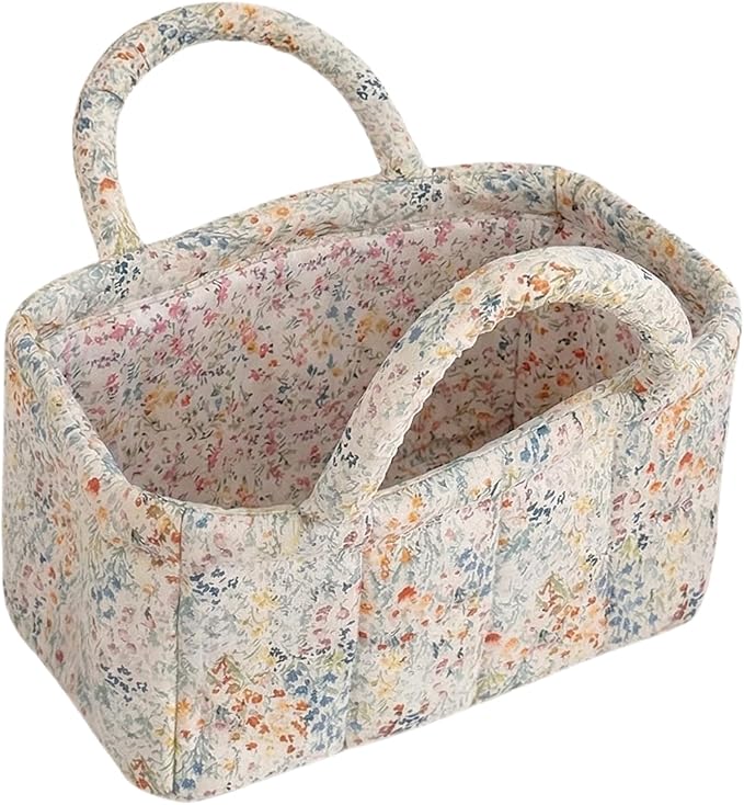 Small Storage Basket Organizer, Mini Fabric Floral Storage Baskets with Handle, Quilted Portable Collapsible Storage (M)