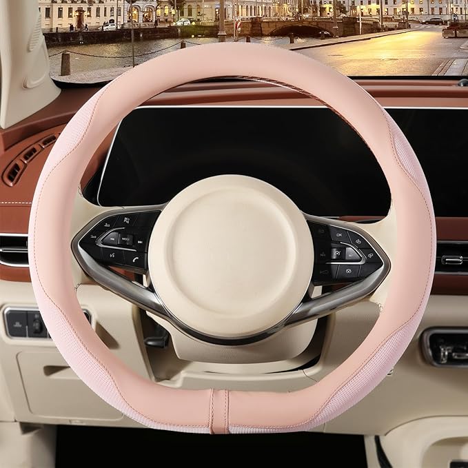 14 inch D Shaped Steering Wheel Cover for Prius Civic, Nappa Microfiber Leather Non-Slip Breathable Fabric, Warm in Winter an