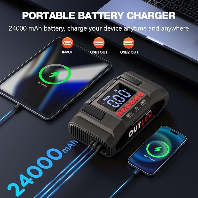 6000A UltraSafe Jump Starter with 160PSI Air Compressor, 12V Car Battery Booster, Portable Jump Box, Power Bank & Jumper Cables, LED Display, LED Light, for 10L Gas & 10L Diesel Engines