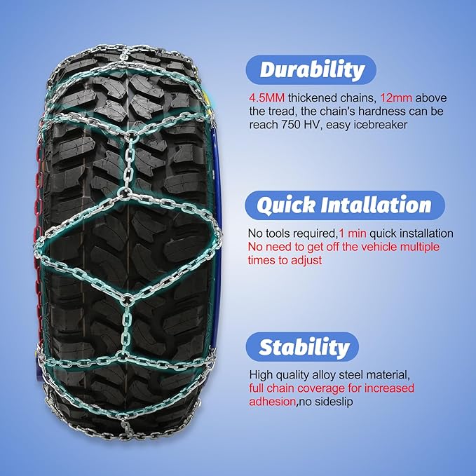 Snow Chains for Pickup Trucks, 2 Piece x 12mm, 1 Minute Quick Installation Tire Chains with Automatic Tensioner, Heavy-Duty E