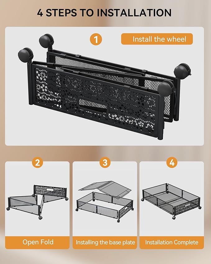 Under Bed Storage with Wheels, Foldable Pattern Carved Metal Under The Bed Storage, Tool-Free Assembly Under Bed Organizer, 6