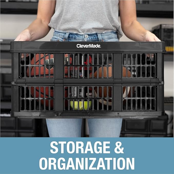 CleverMade Collapsible Utility Crate, Stone, 1PK - 32L (8 Gal) Collapsible Storage Bins, Holds 40lbs Per Bin - Plastic Stacka
