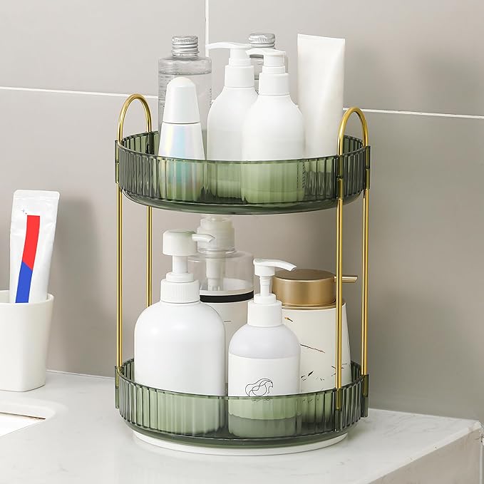 YCIA&DONE 360 Rotating Makeup Organizer and Storage for Vanity Countertop 2 Tiers, High Capacity Cosmetic Skincare Perfume Or