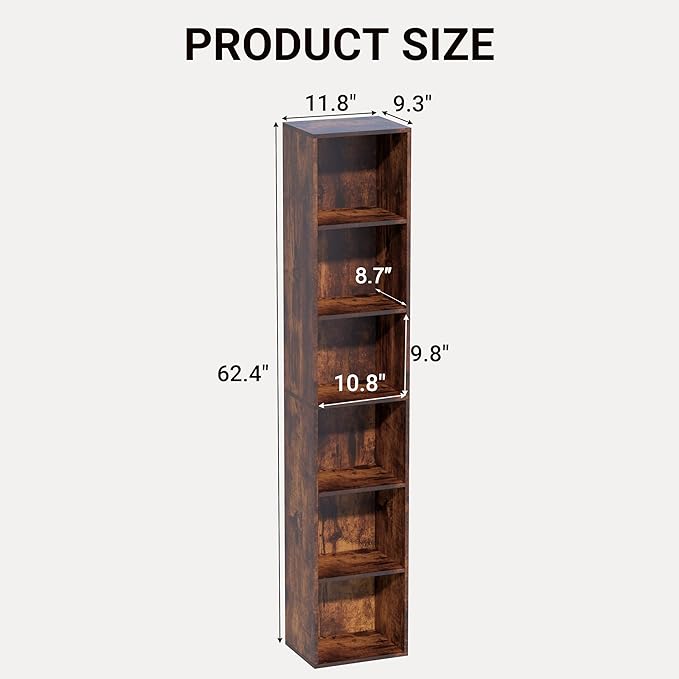 Book Shelf, 6 Cube Storage Organizer, Open Shelves Bookcase 9.3 x 11.8 x 62.4, Bookshelf for Living Room, Bedroom, Home Offic