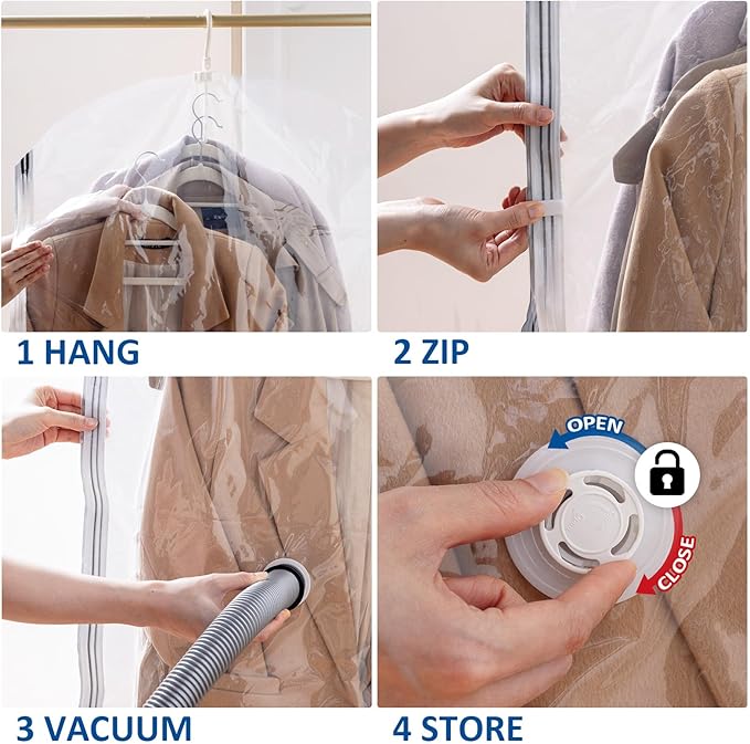 Hanging Vacuum Storage Bags, 3 Pack Large Hanging Vacuum Seal Bags for Clothing, Space Saver for Clothes, Jackets, Closet Org