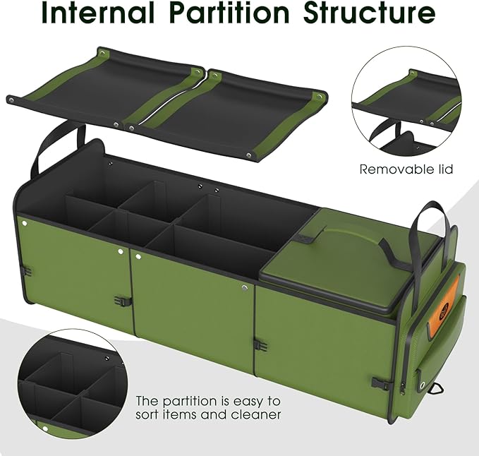 Car Trunk Organizer for SUV, Heavy Duty Waterproof Trunk Organizer, Foldable Collapsible Car Organizer with Cooler, Multi-Comp