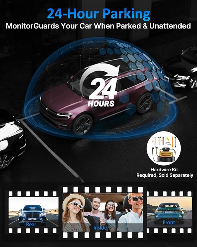 3 Channel Dash Cam Front and Rear Inside, 4K+720P+720P Dashcam, 5GHz WiFi GPS Dash Camera for Cars with 64GB Card, 24H Parkin