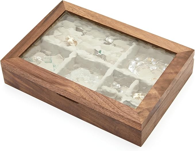 pandapark Wooden Jewelry Box with Glass Lid, Multi-Compartment Storage Display Case, Walnut Brown (Silver Walnut)