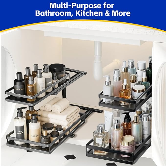 Under Sink Organizer, Dual-Rail Ball-Bearing, Under Kitchen Sink Organizer, 6-Level Adjustable, Under Cabinet Organizer, No-D