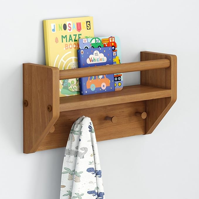 Max & Lily Wall Shelf with Pegs, 16 Inch Floating Bookshelf for Kids Room, Solid Wood Wall-Mounted Storage Shelf with Hooks f