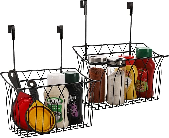 TOPZEA 2 Pack Grid Storage Baskets with Hooks, Metal Hanging Wire Basket Kitchen Over the Cabinet Door Organizer Caddy for Cu