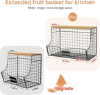 3 Pack Extra Large Fruit Basket for Kitchen with Wood Lid Nameplate - Counter&Wall Mounted Onion and Potato Storage Bin, Stac
