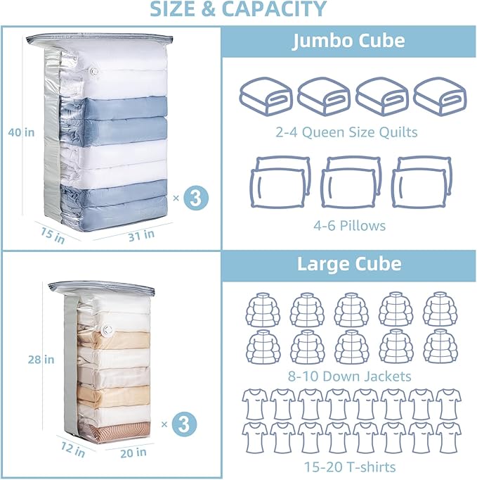 6 Pack Vacuum Storage Bags, Cube Combo (3 Jumbo+3 Medium), Vacuum Seal Bags for Clothing, Bedding, Blanket, Space Saving Clos