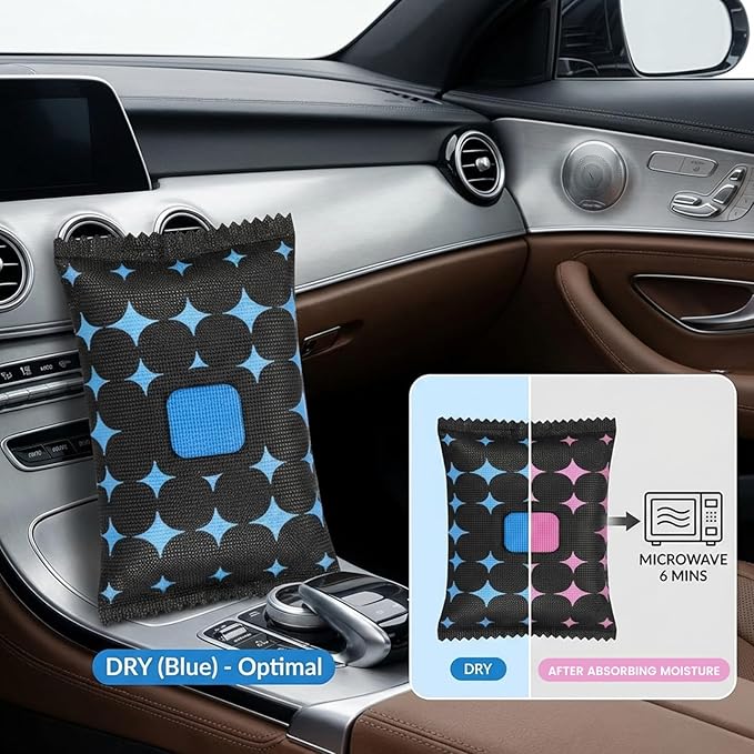 Car Dehumidifier Bags, 4 Pack Reusable Silicone Desiccant Bag with Color Indicator Silica Gel Packets for Windshield Fog &