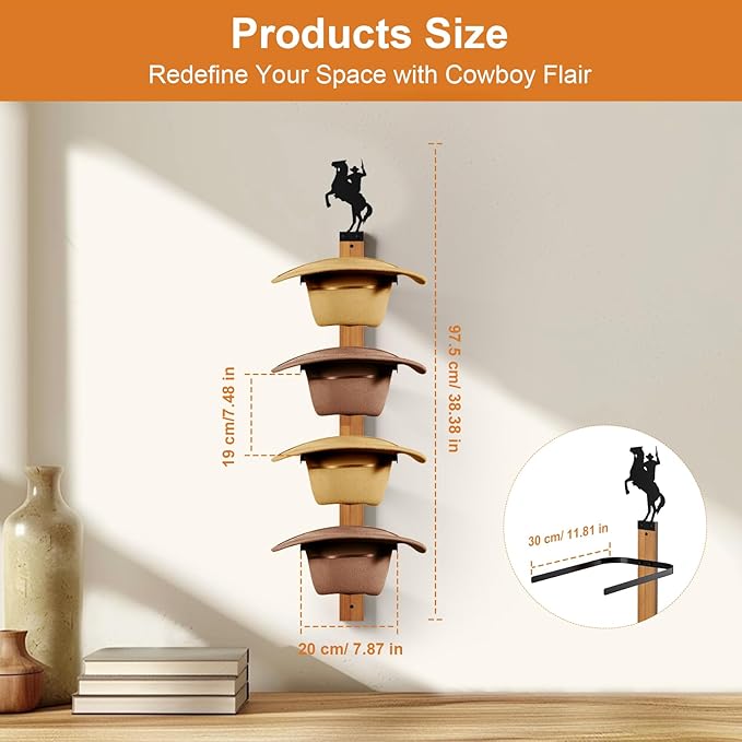 Cowboy Hat Rack, 4 Pieces Hat Rack for Cowboy with Wooden Board, Gift Cowboy Hat Holder Wall Storage-Organizer Western Hats w