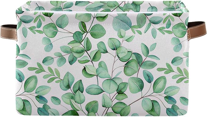 xigua Green Leaves Storage Basket Collapsible Storage Bins Waterproof Canvas Storage Basket with Leather Handles for Home Clo