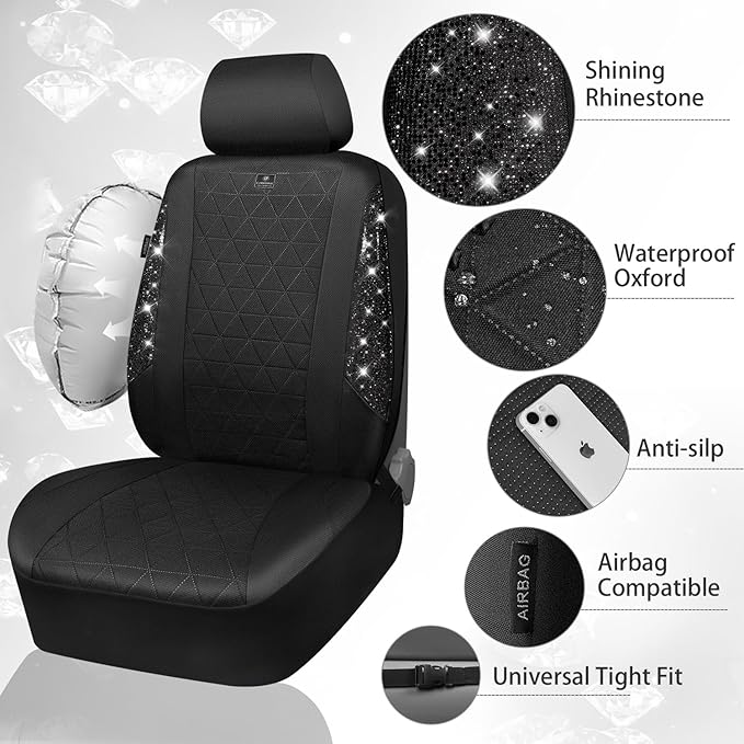 CAR PASS Oxford Bling Diamond Car Seat Covers Full Set Interior Sets, Waterproof Shining Glitter Sparkly Crystal Universal Ar