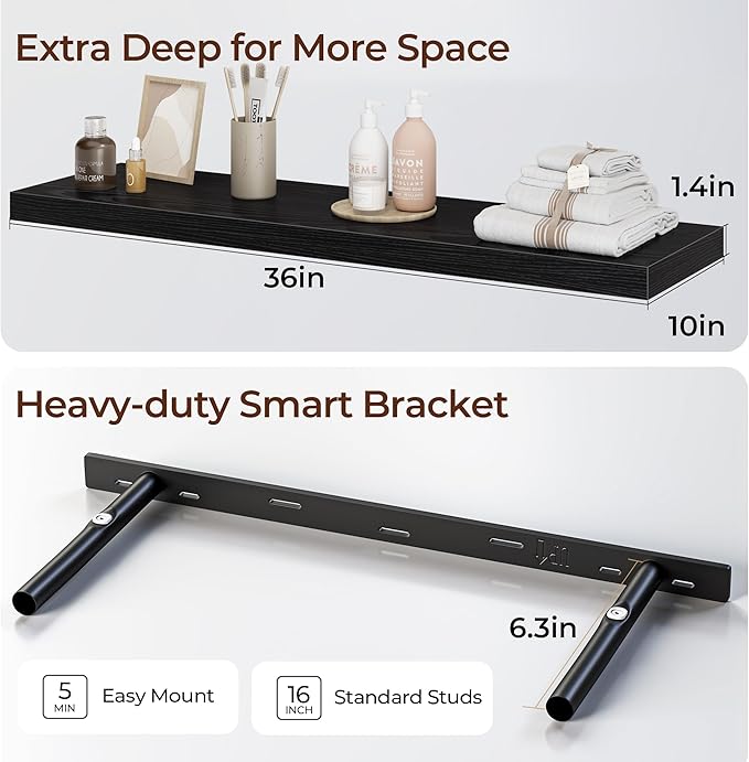 Fun Memories Floating Shelves for Wall 36 Inch Set of 3, Farmhouse Floating Shelves with Invisible Heavy Duty Bracket, 10 Inc