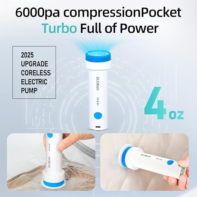 Cordless Electric Vacuum Pump for Vacuum Storage Bags Travel Air Pump, Portable USB Rechargeable Seal & Compression Bag Pump 
