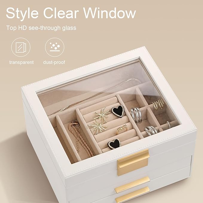 Somduy Jewelry Box Organizer for Women,3 Layers PU Leather Jewelry Storage Display Box with Glass Lid,Gift for people,3 Drawe