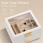 Somduy Jewelry Box Organizer for Women,3 Layers PU Leather Jewelry Storage Display Box with Glass Lid,Gift for people,3 Drawe