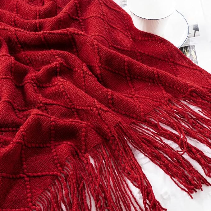 BATTILO HOME Red Throw Blanket Large Fringe Fall Throw Knitted Bed Throws for Couch Sofa Indoor Outdoor, Red, 52 x 80 in.