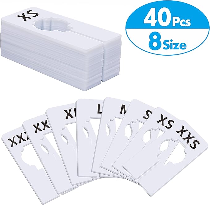 40 Pack Rectangular White Plastic Clothing Size Closet Rack Dividers Hangers, Preprinted in 8 Sizes XXS, XS, S, M, L, XL, XXL
