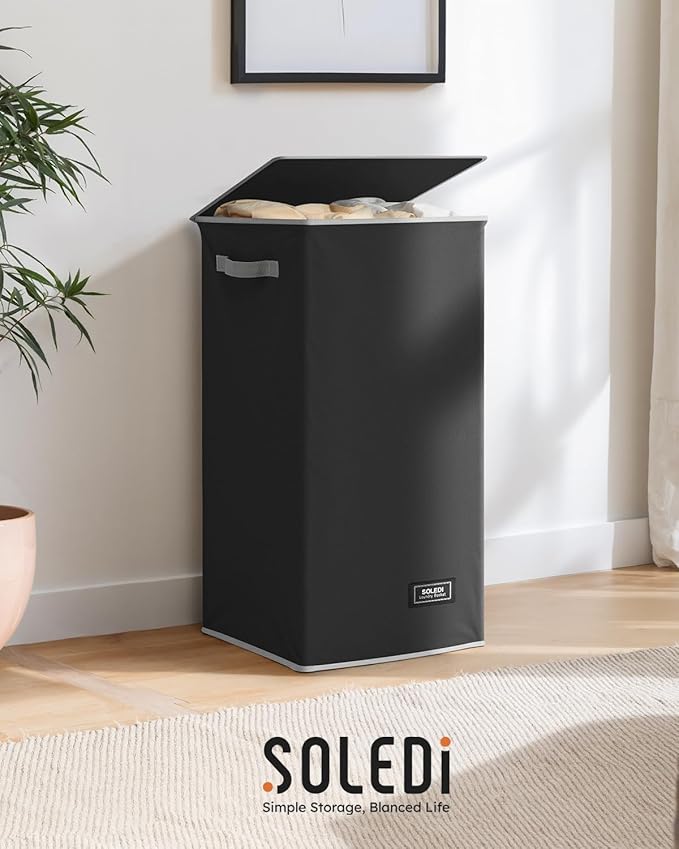 SOLEDI Laundry Hamper Black with Lid and Removable Bag - 100L Large and Tall Laundry Basket Collapsible with Handle for Cloth