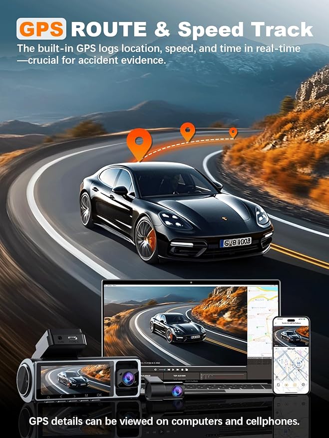 4K 3 Channel Dash Cam Front and Rear Inside, Built-in 5.8GHz WiFi GPS, 64GB Card Included, 4K+1080P+1080P Dash Camera for Car