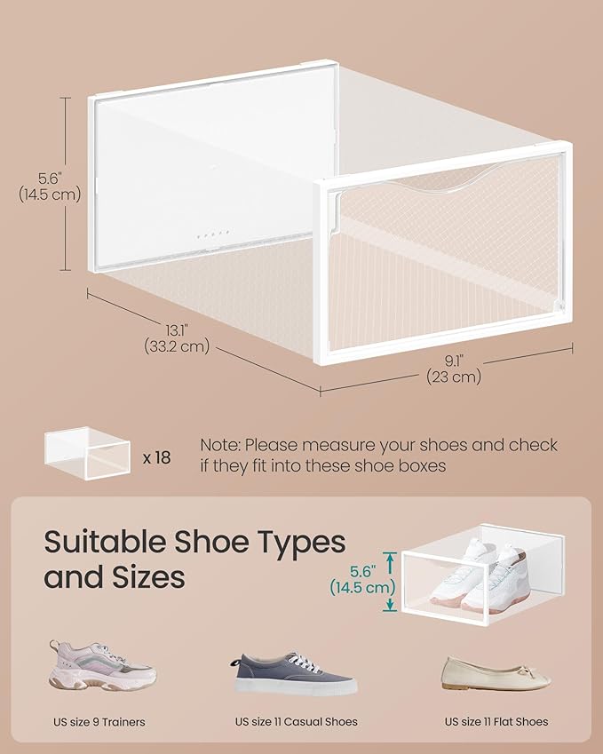 SONGMICS Shoe Boxes, Shoe Storage Organizers Rack for Closet, Plastic Stackable Sneaker Containers Case, 18 Pack, Transparent