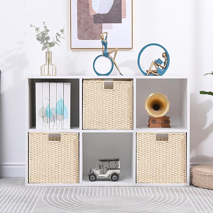 Vagusicc Wicker Storage Basket, Set of 2 Hand-Woven Paper Rope Wicker Baskets, Foldable Cube Storage Bins, Beige Storage Bask