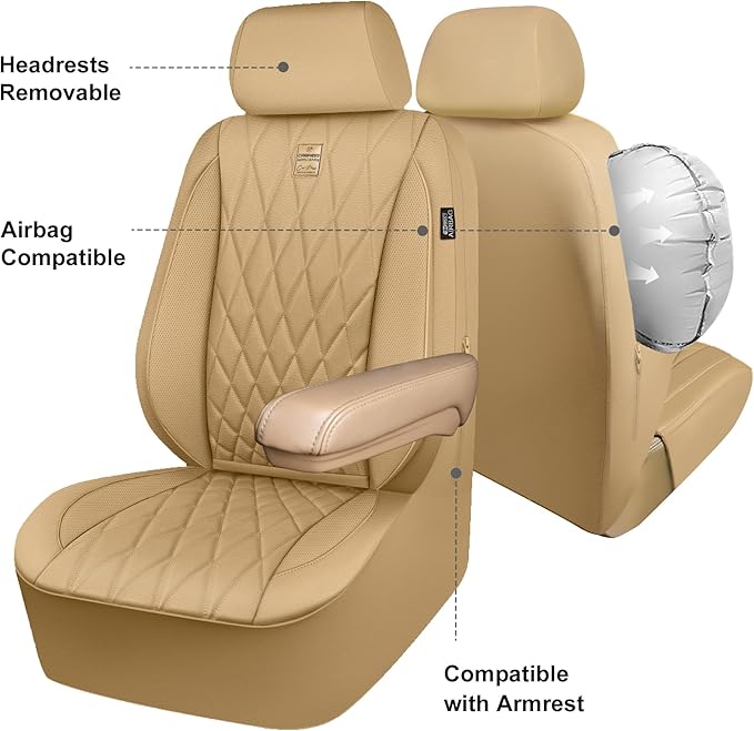 CAR PASS Piping Luxury PU Leather Two Front Car Seat Covers, Waterproof Anti Slip Seat Covers Compatible with Front Seat Armr