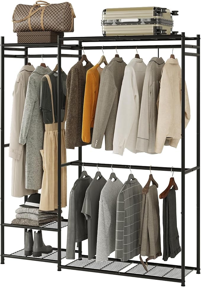 Portable Wardrobe Closet, Clothes Rack for Bedroom with Hanging Area and Storage Shelves, Tall Freestanding Clothes Organizer