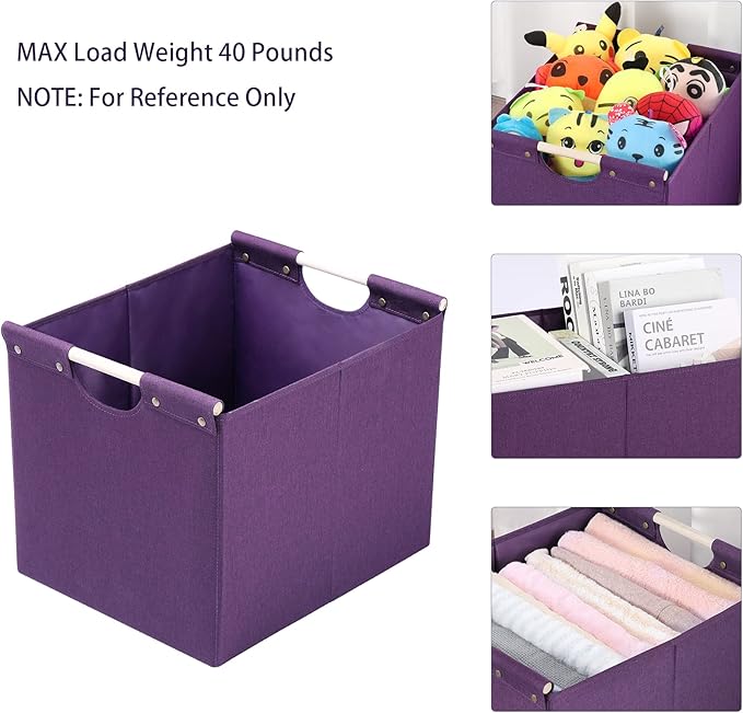 HOONEX Large Collapsible Storage Bins, Linen Fabric, Pack of 2, Storage Baskets with Wooden Carry Handles and Sturdy Heavy Ca