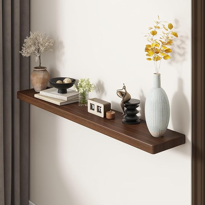 48" Rustic Walnut Wood Floating Shelves, 8 Inch Deep Wall Shelves for Home Decor, Wall Mounted Floating Shelf with Invisible 