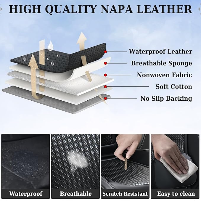 Coverado Seat Covers, Car Seat Covers Front Seats, Waterproof Nappa Leather Auto Seat Cover with Lumbar Head Pillow, Black Se