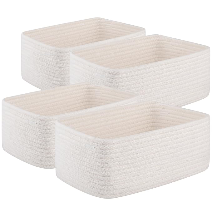 OIASKET 4 Pack Small Storage Shelf Baskets for Organizing, Mini Woven Rope Storage Bins for Towels, Cute Decorative Closet Or