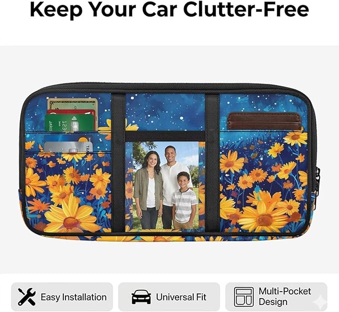 Sunflower Car Sun Visor Organizer, Small Auto Visor Storage Organizer, Vehicle Multi-Pocket Document Holder for License, Card, Pen, Sunglasses Elegant Cars Accessories