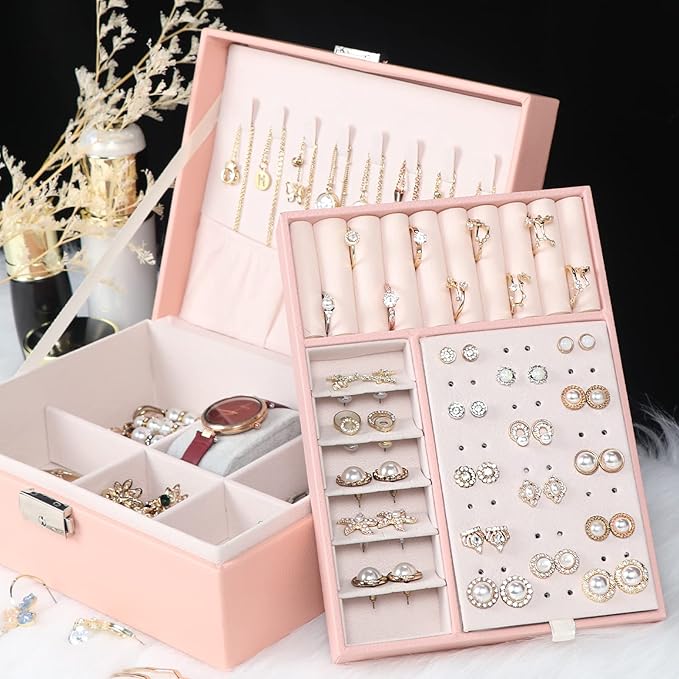 Jewelry Box for Women Girls, 2 Layers Jewelry Organizer Container with Lock, PU Leather Storage Case with Removable Tray, Jew