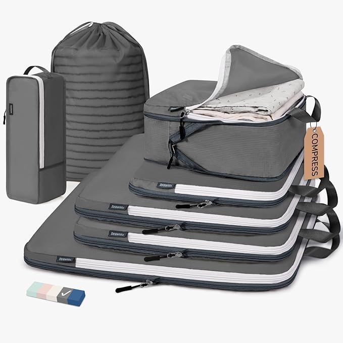 CherryNow Compression Packing Cubes, 7 Set Packing Cubes Compression, Travel Essentials, Travel Organizer for Shoes, Clothing