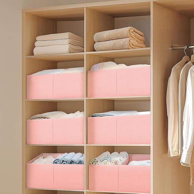 DIMJ Large Closet Shelf Organizer Bins 6 Packs with Handles and Divider, Fabric Trapezoid Storage Baskets, Foldable Clothes C